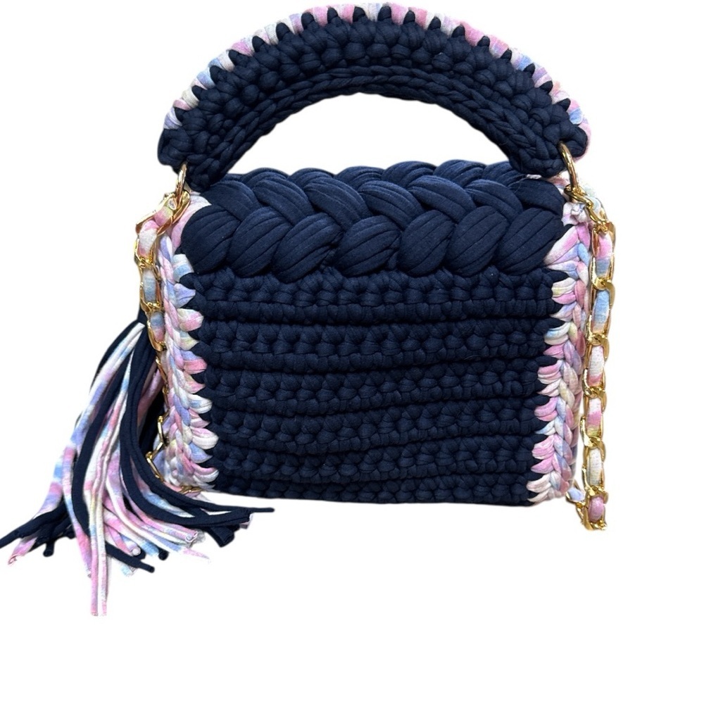 New Handwoven Chunky Knit Crochet Bag Navy Pastel Crossbody Purse with Tassel - Picture 3 of 9